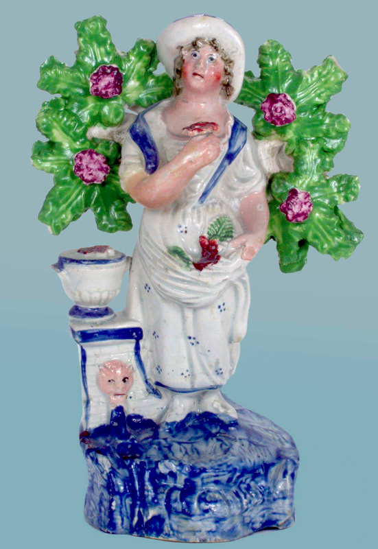 antique Staffordshire figure, Staffordshire pottery figure, Hall, Samuel Hall,  pearlware figure, bocage figure, Myrna Schkolne, gardner 