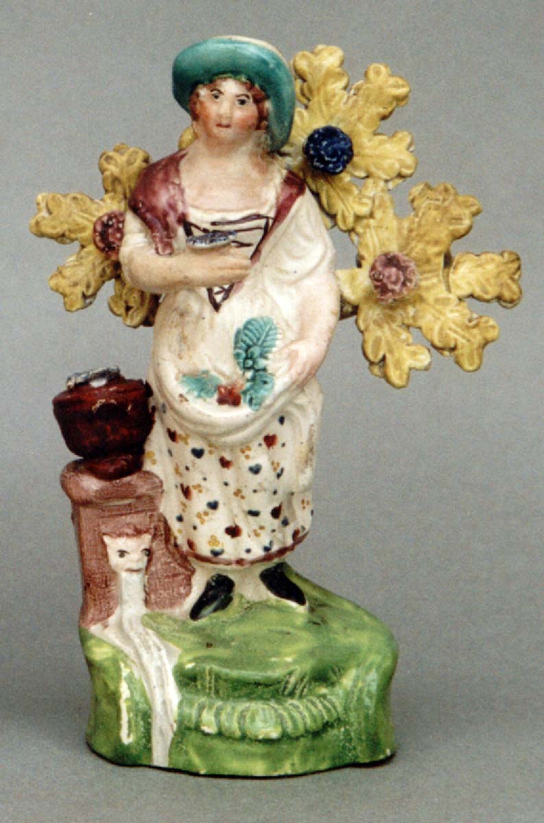 antique Staffordshire figure, Staffordshire pottery figure, Hall, Samuel Hall,  pearlware figure, bocage figure, Myrna Schkolne, gardner