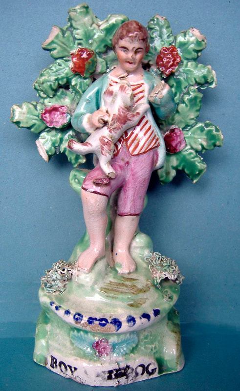 Piantique Staffordshire figure, Staffordshire pottery figure, SALT, pearlware figure, bocage figure, Myrna Schkolne, GIRL AND LAMB, BOY AND DOG
