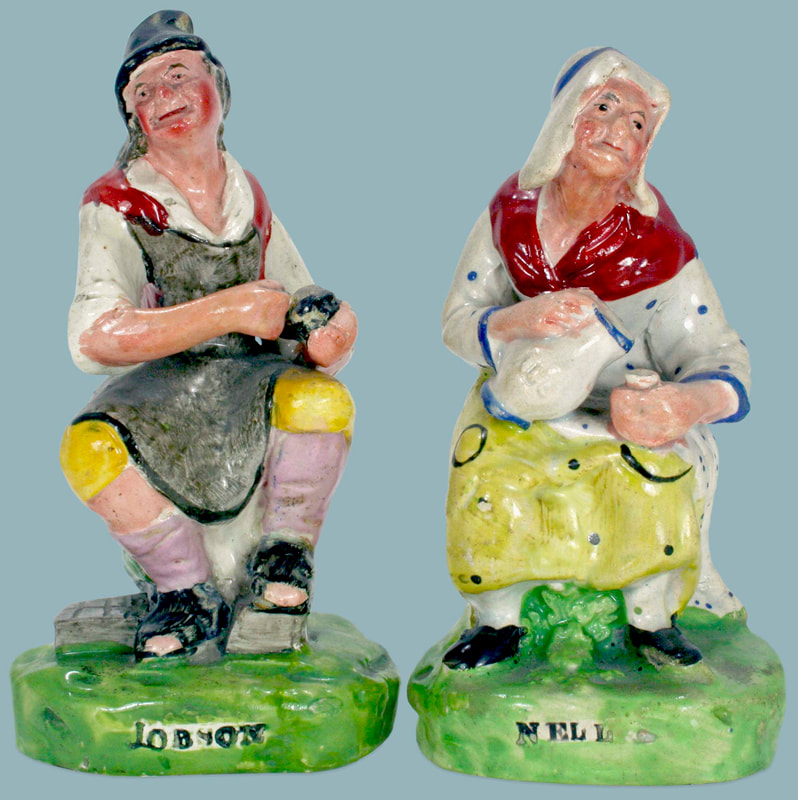 antique Staffordshire figure, Staffordshire pottery figure, Dale staffordshire figure, Samuel Hall, pearlware figure, bocage figure, Myrna Schkolne , Jobson and Nell