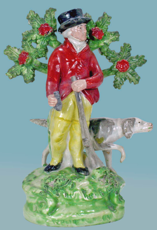 antique Staffordshire figure, Staffordshire pottery figure, SALT, pearlware figure, bocage figure, Myrna Schkolne, sportsman, hunter