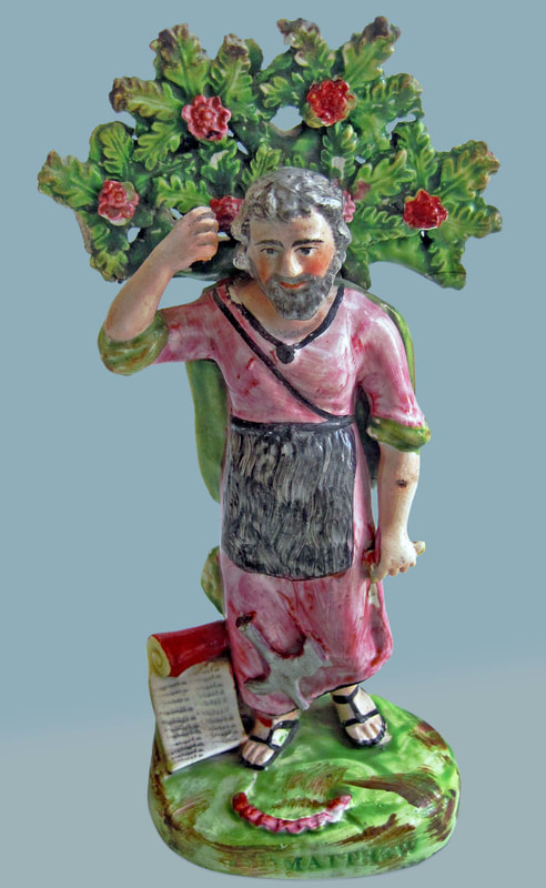 antique Staffordshire figure, Staffordshire pottery figure, SALT, pearlware figure, bocage figure, Myrna Schkolne, St. Matthew