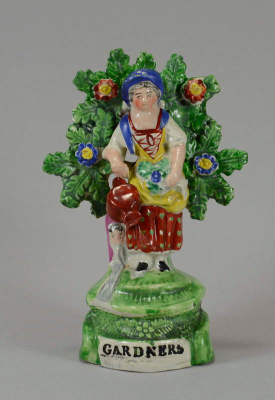 antique Staffordshire figure, Staffordshire pottery figure, Hall, Samuel Hall,  pearlware figure, bocage figure, Myrna Schkolne, gardners 