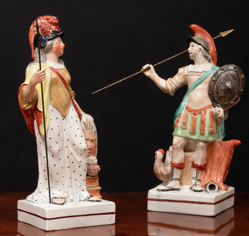 pearlware figure, Leeds Pottery, antique Staffordshire pottery, Mars, Mercury, Myrna Schkolne
