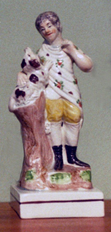 antique Staffordshire figure, Staffordshire pottery figure, T. Smith, Theophilus Smith, pearlware figure, bocage figure, Myrna Schkolne, boy with dog 