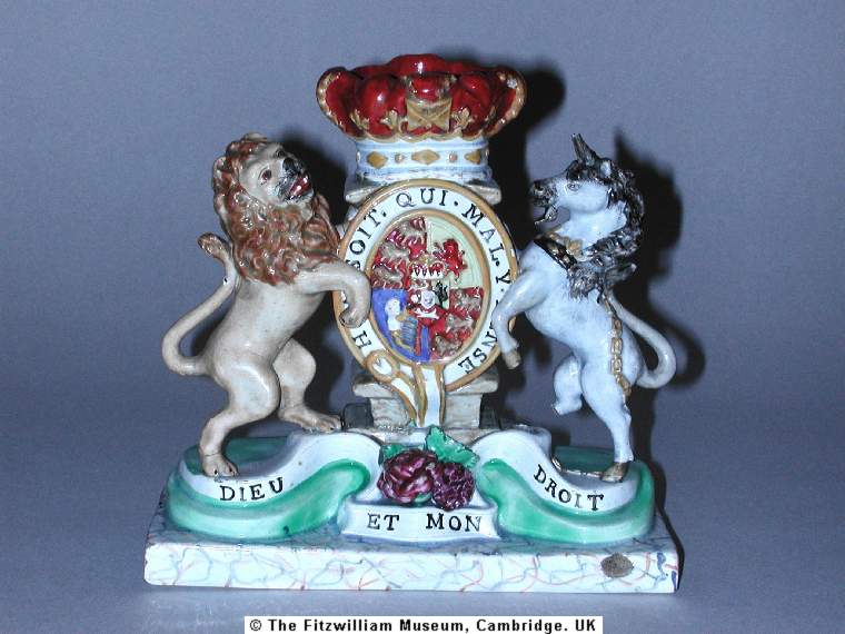 antique Staffordshire pottery, Staffordshire figure, Walton, pearlware, royal coat of arms, lion, unicorn, myrna schkolne