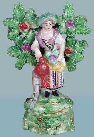 antique Staffordshire figure, Staffordshire pottery figure, SALT, pearlware figure, bocage figure, Myrna Schkolne, gardener