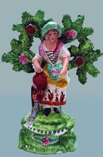 antique Staffordshire figure, Staffordshire pottery figure, SALT, pearlware figure, bocage figure, Myrna Schkolne, gardener