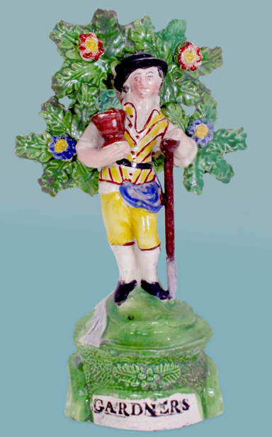 antique Staffordshire figure, Staffordshire pottery figure, Hall, Samuel Hall,  pearlware figure, bocage figure, Myrna Schkolne, gardners 