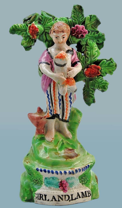 antique Staffordshire figure, Staffordshire pottery figure, SALT, pearlware figure, bocage figure, Myrna Schkolne, GIRL AND LAMB, BOY AND DOG