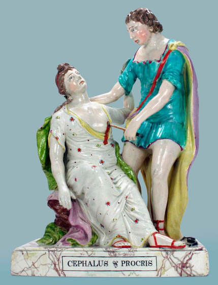 Lakin & Poole, Cephalus & Procris, antique Staffordshire pottery, Staffordshire figure, antique Staffordshire, pearlware figure, lead glazed figure
