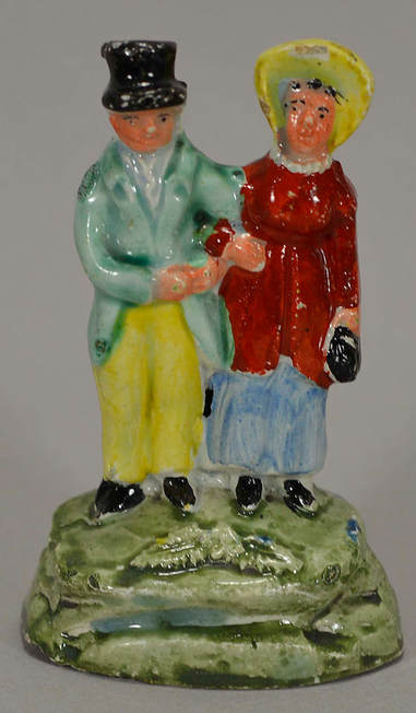 antique Staffordshire figure, Staffordshire pottery figure, SALT, pearlware figure, bocage figure, Myrna Schkolne, dandies