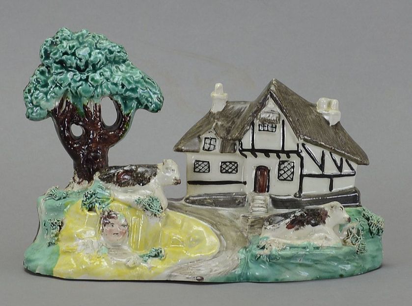 antique English pottery, staffordshire pottery figure, pearlware cottage