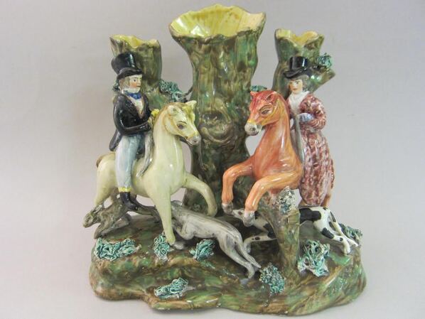 antique Staffordshire pottery, Staffordshire figure, pearlware, spill vase, equestrian Staffordshire figures, coursing spill vase, Myrna Schkolne