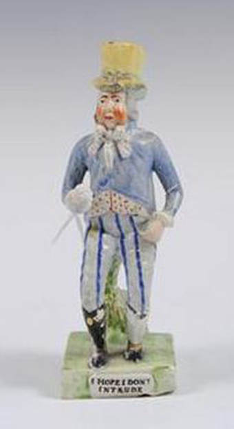 antique Staffordshire figure, Staffordshire pottery figure, Paul Pry, pearlware figure, Myrna Schkolne