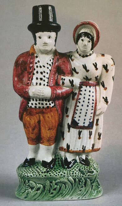 antique Staffordshire figure, Staffordshire pottery, pearlware, dandies, Myrna Schkolne