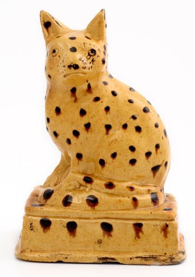 antique Staffordshire pottery, antique Staffordshire cat, decorated with coloured slip, Myrna Schkolne