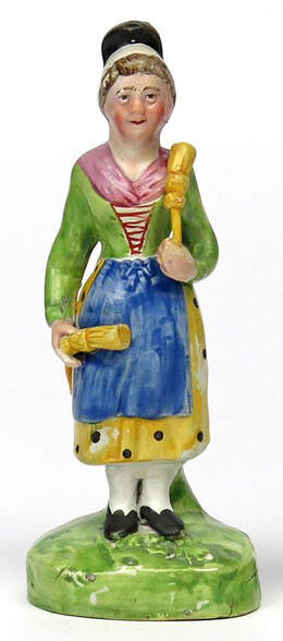 antique pearlware figure, early Staffordshire pottery, staffordshire pottery figure, antique Staffordshire figure, myrna schkolne, john liston, broom lady, madame vestris