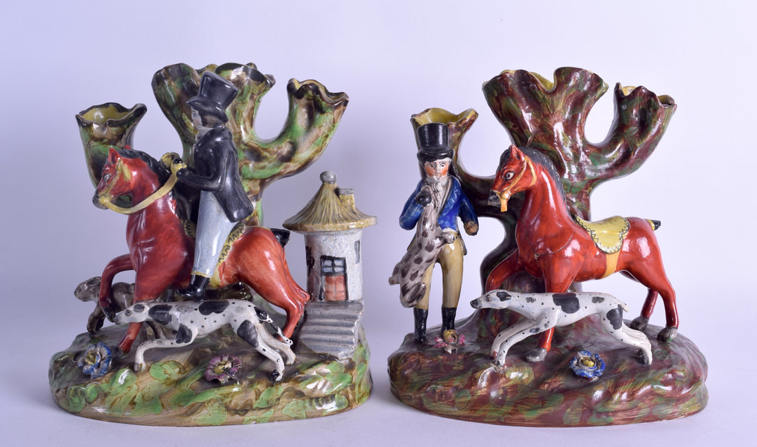 antique Staffordshire pottery, Staffordshire figure, pearlware, spill vase, equestrian Staffordshire figures, coursing spill vase, Myrna Schkolne 