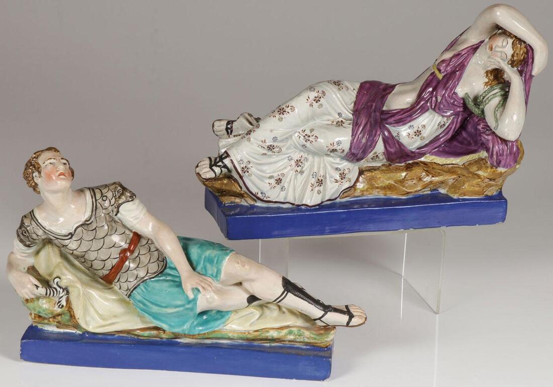 Antique Staffordshire figure, pearlware, antique Staffordshire, antique pottery, Anthony, Cleopatra, Myrna Schkolne, pearlware figure