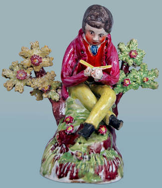 antique Staffordshire figure, Staffordshire pottery figure, Dale staffordshire figure, Tittensor, Charles Tittensor, pearlware, bocage figure, Myrna Schkolne, reading boy