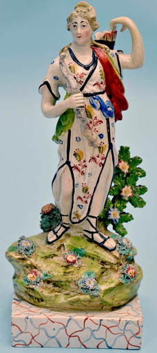 antique Staffordshire figure, Staffordshire pottery figure, Dale staffordshire figure, Walton, pearlware figure, bocage figure, Myrna Schkolne, John Walton, Diana