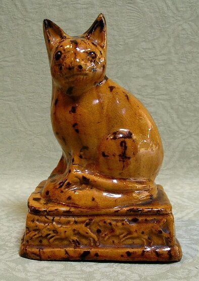 antique Staffordshire pottery, antique Staffordshire cat, decorated with coloured slip, Myrna Schkolne