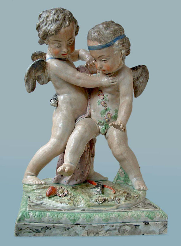 antique Staffordshire figure, Staffordshire pottery figure, Wedgwood figure, Ralph Wedgwood, pealrware figure, bocage figure, Myrna Schkolne,  Eros and Anteros