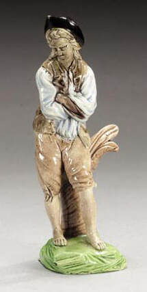anttique Staffordshire figure, Staffordshire pottery figure, Cymon, Simon, Iphigenia, Ralph Wood figure, Myrna Schkolne, pearlware figure