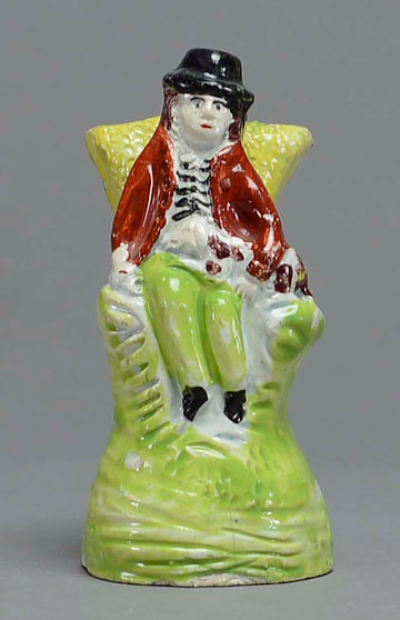 antique Staffordshire figure, Staffordshire pottery figure, Dale staffordshire figure, Edge & Grocott, pearlware figure, bocage figure, Myrna Schkolne, dog