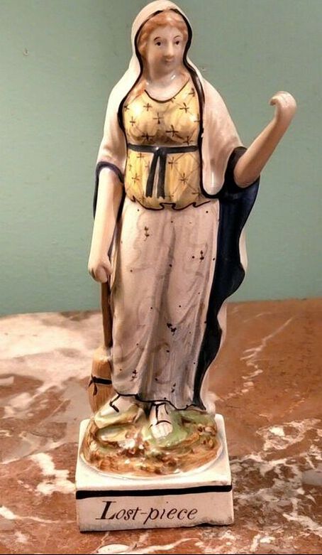 pearlware figure, early Staffordshire pottery, Parable of the Lost Coin, Lost Piece, Ralph Wood figure, Myrna Schkolne
