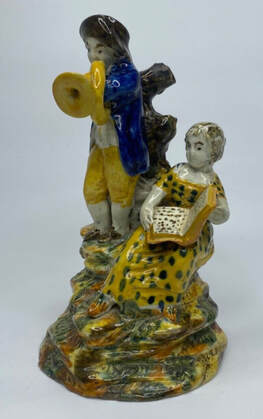 antique Staffordshire pottery figure, prattware, underglaze, pearlware figure, Staffordshire figure, Maria Malibran, Myrna Schkolne