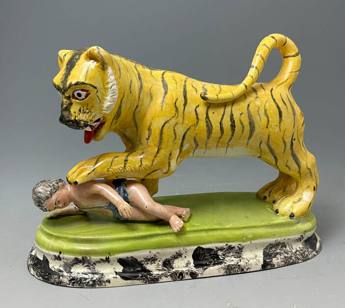 antique Staffordshire pottery figure, pearlware figure, Staffordshire figure, tiger, Menagerie deaths, WOmbwell's menagerie, death of munrow, Myrna Schkolne,
