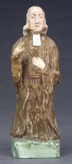 antique Staffordshire pottery figure, pearlware figure, Staffordshire figure Wesley, Myrna Schkolne, prattware figure