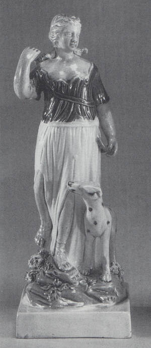 early Staffordshire pottery figure, pearlware figure, Ralph Wood figure, antiques Staffordshire, Diana, Myrna Schkolne