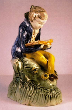 antique Staffordshire figure, Staffordshire pottery figure, Dale staffordshire figure, Edge & Grocott, pearlware figure, bocage figure, Myrna Schkolne, reading