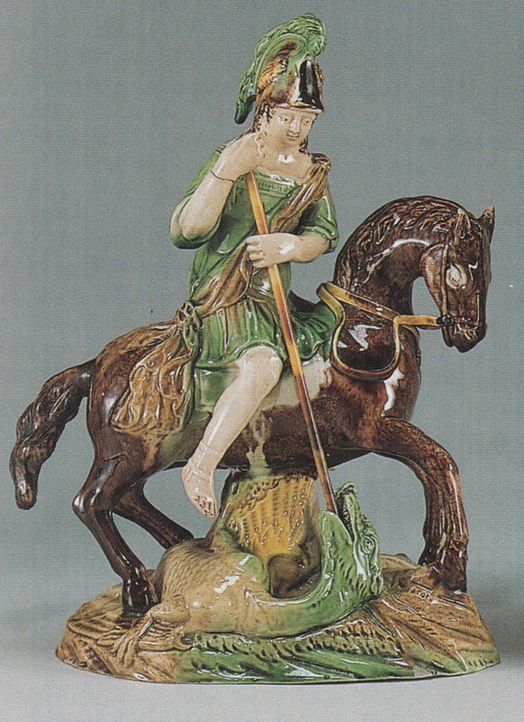 Staffordshire pottery figure, pearlware, George and dragon, antique Staffordshire, Ralph Wood figure, Myrna Schkolne