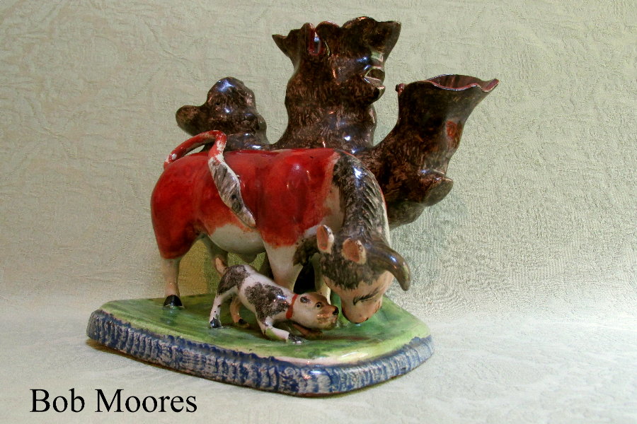 antique Staffordshire figure, Staffordshire pottery figure, pearlware figure, bullbaiting, bull baiting, Myrna Schkolne 