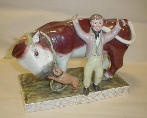 antique Staffordshire figure, Staffordshire pottery figure, pearlware figure, bullbaiting, bull baiting, Myrna Schkolne, Sherratt 