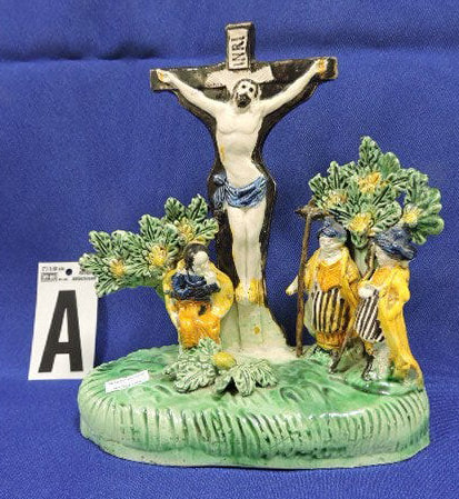 Tittensor pottery figure, antique Staffordshire pottery, Tittensor crucifixion,  bocage figure, pearlware figure, proattware
