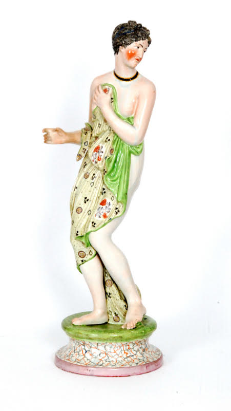 antique Staffordshire, antique Staffordshire figure, pearlware figure, antique pottery, nymph, Salamacis, Myrna Schkolne